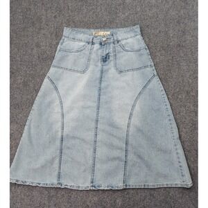 Vtg 80s LEI Denim Skirt 9/10 Blue Light Wash A Line Western Embroidered Flap